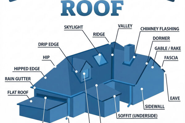 Diagram of a residential house showing common parts of a roof, including the ridge, valley, drip edge, fascia, and chimney flashing, for Miller's Metal Roofing & Siding.