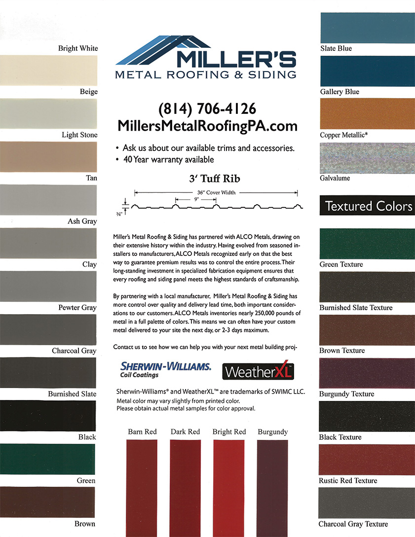 Miller's Metal Roofing & Siding color chart featuring 20+ Sherwin-Williams WeatherXL color options for NW PA homes and barns.